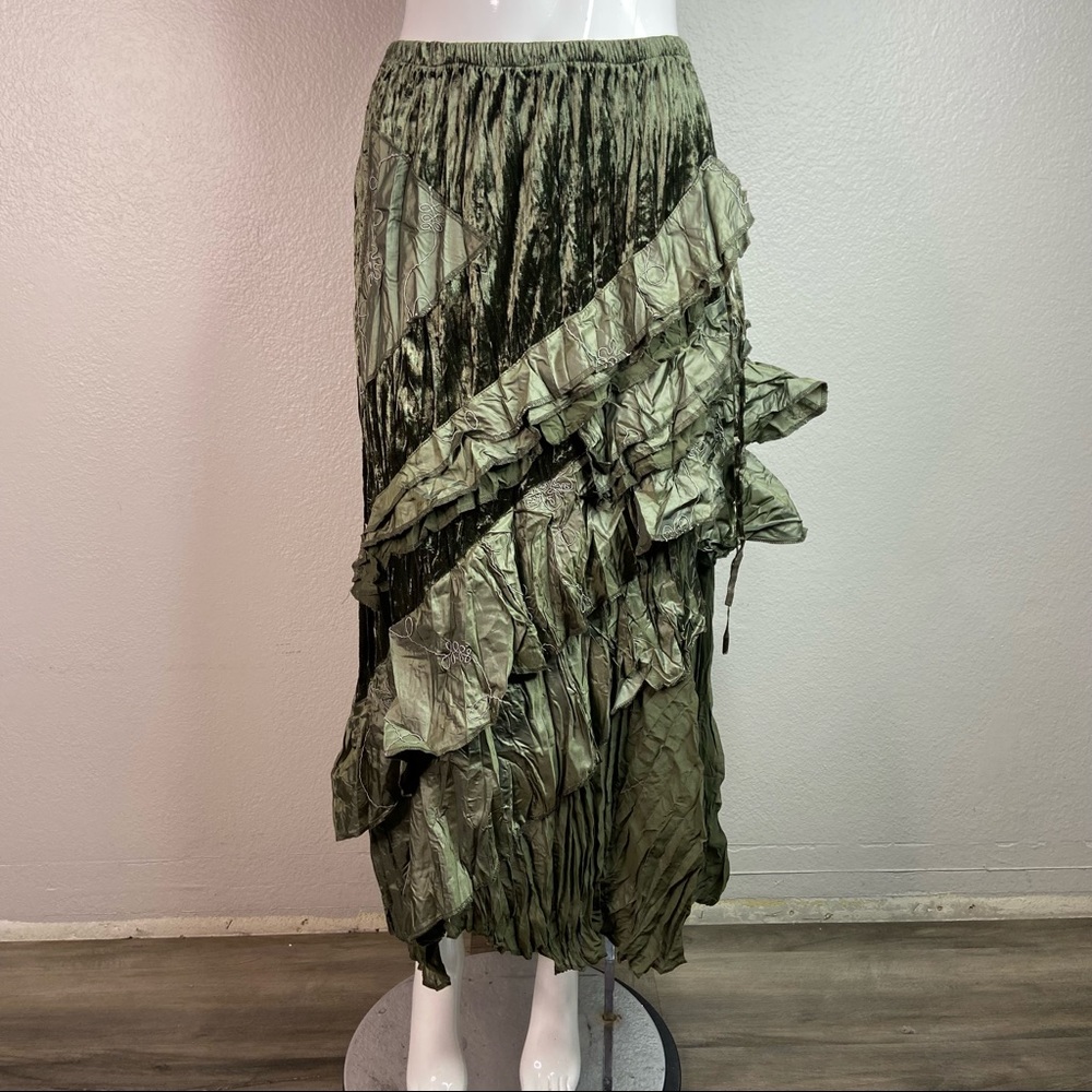 Surrealist olive Crinkle Tiered Velvet Maxi Skirt